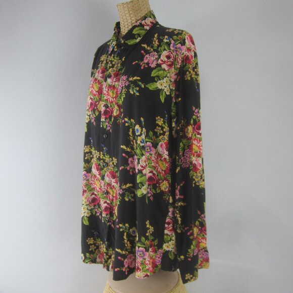 American Apparel Womens Small Black Pink Floral LS Relaxed Shirt Cottagecore - Picture 2 of 10